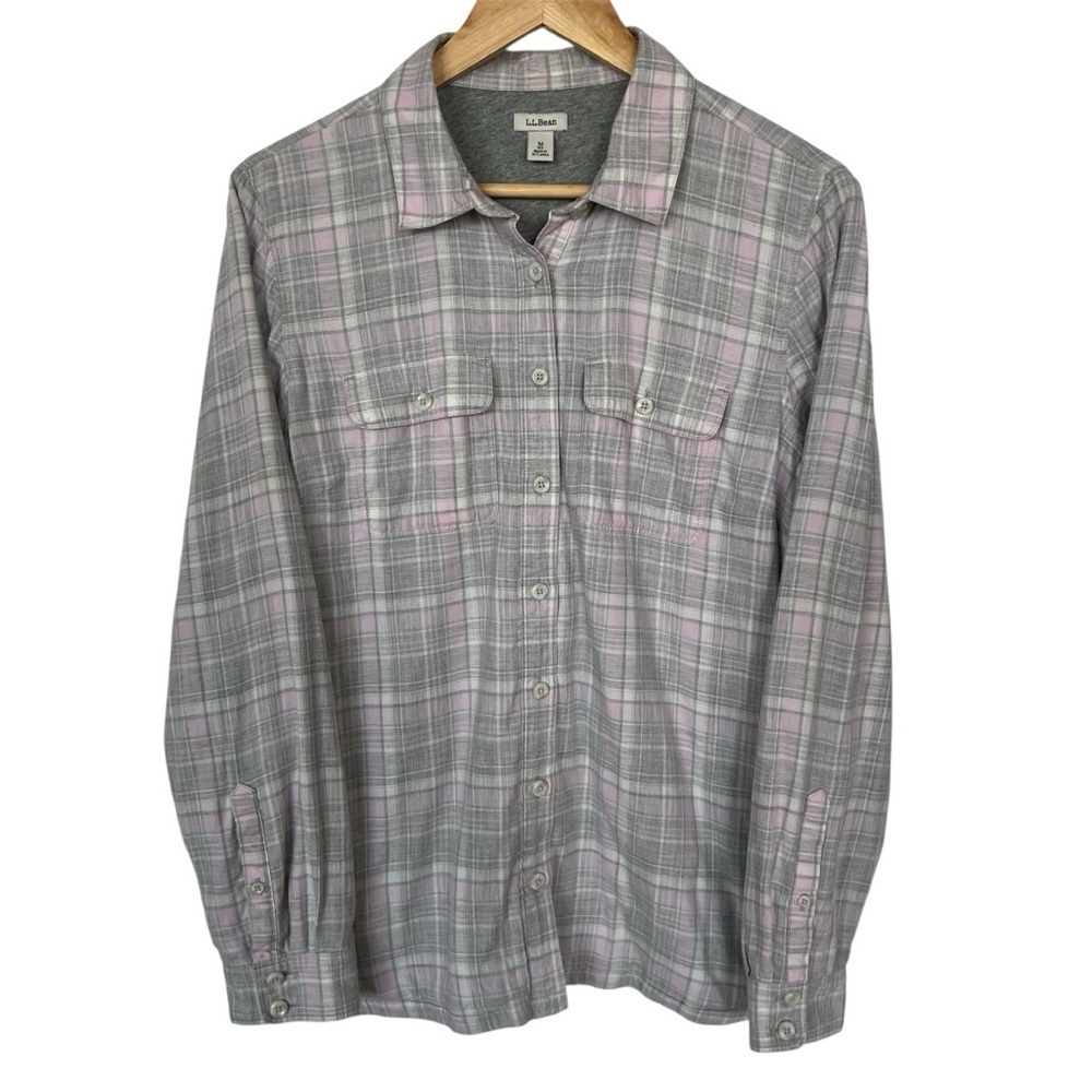 L.L. Bean Pink &‎ Gray Plaid Button Down Shirt Cotton Lined Size Medium